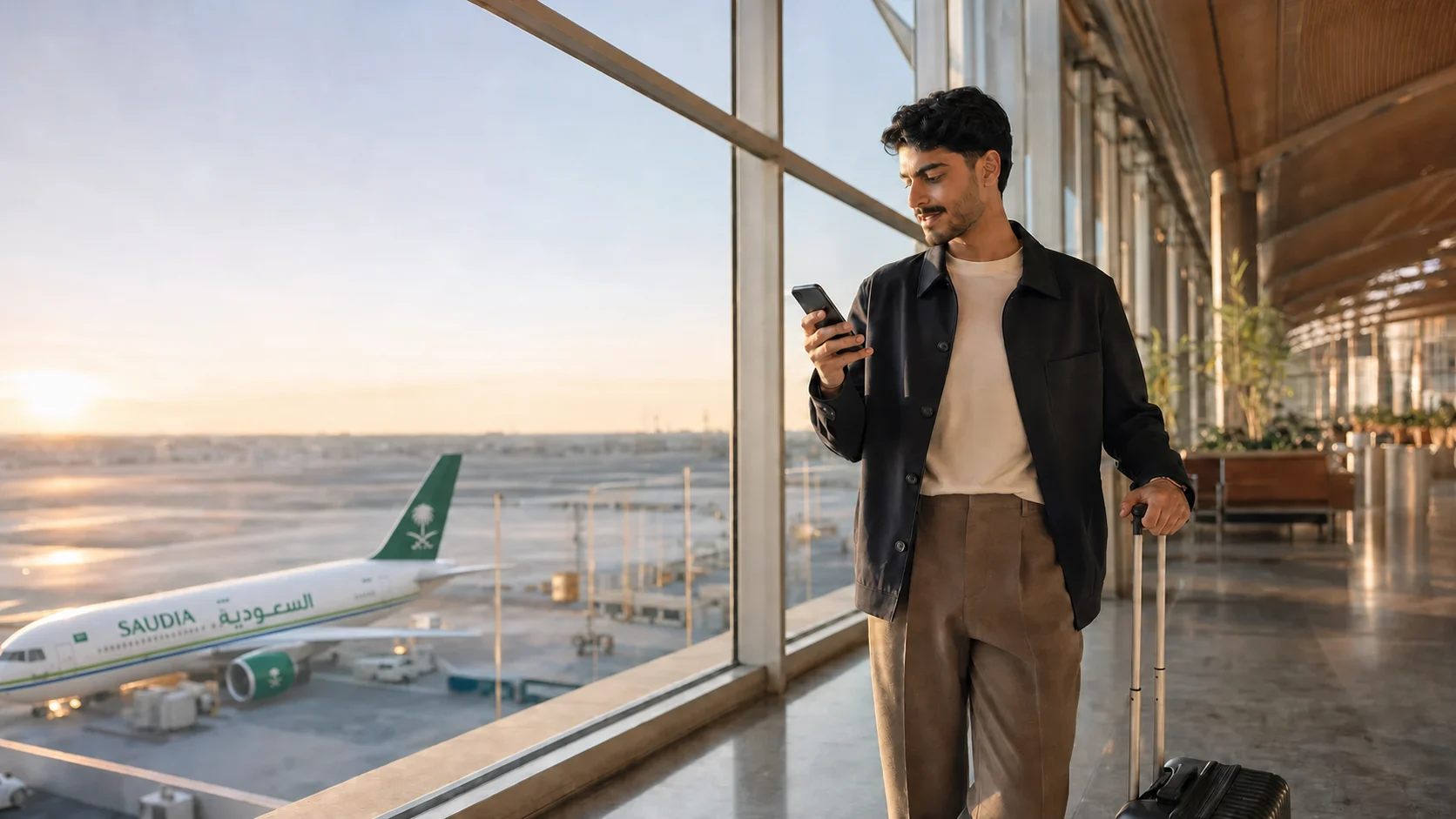 Traveler checking his phone at an airport before departure